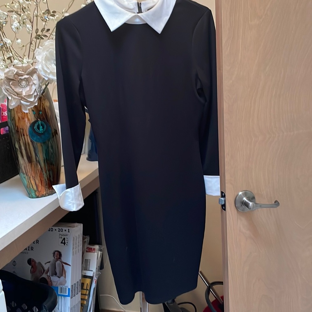 Black long sleeve dress zipper in the back long sleeves with white cuffs.